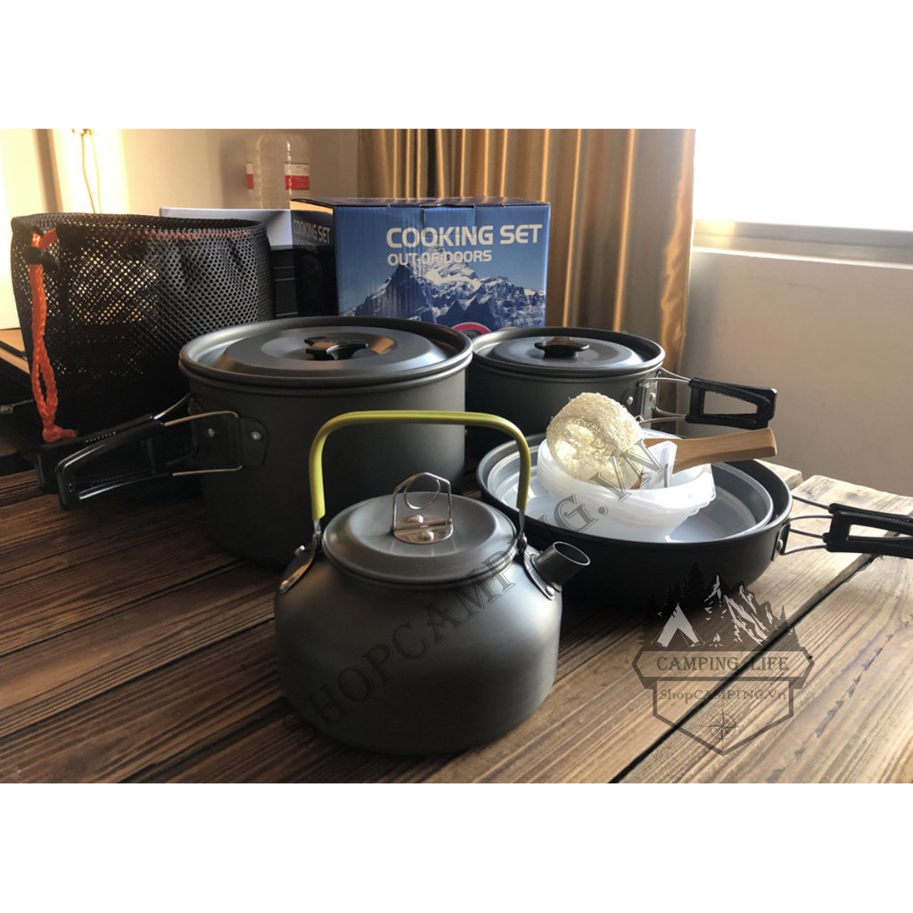 Bộ nồi xếp gọn 15 món nhôm siêu nhẹ đi phượt, cắm trại DS 508, bộ nấu ăn dã ngoại - Camping Vietnam