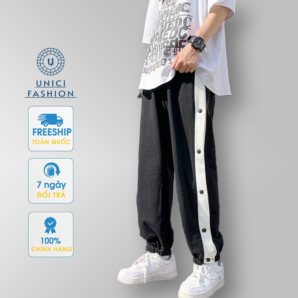 Quần ống rộng UNISEX UNICI quần cúc POLY phối cúc,khuy nút có chun bo gấu một sọc quần ống rộng cao cấp thời trang