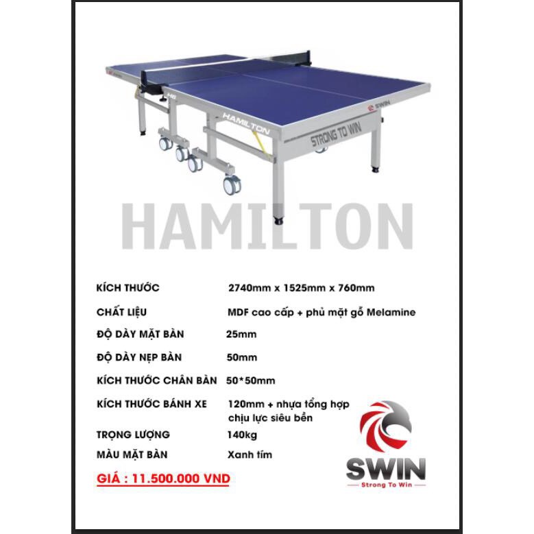 Bàn Bóng Bàn SWIN Hamilton 25mm Bề Mặt Gỗ MDF Cao Cấp