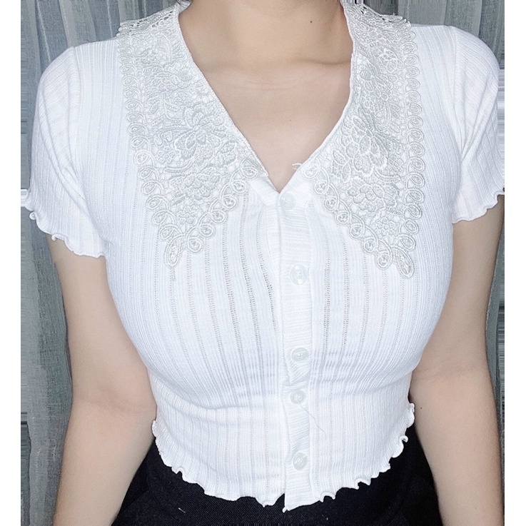 Áo cổ thuỷ thủ phối ren Uzzang xinh xắn chất thun gân nút giả - B5N