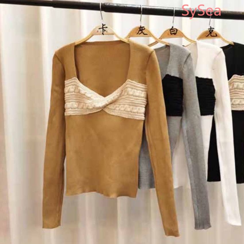 Áo sweater dệt kim dài tay cổ vuông thiết kế quyến rũ thời trang cho nữ