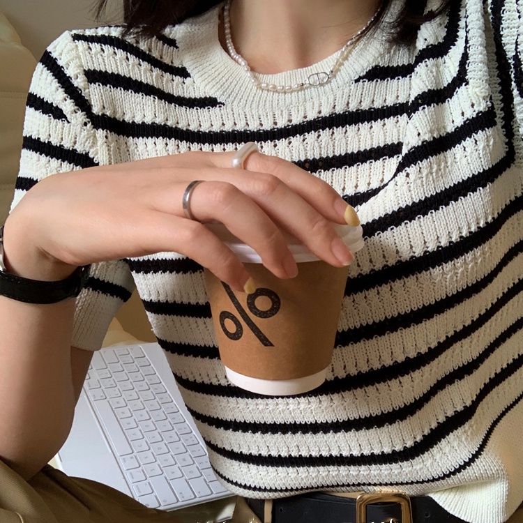 Áo thun SUXI dệt kim ngắn tay cổ tròn họa tiết kẻ sọc thời trang mùa hè cho nữ