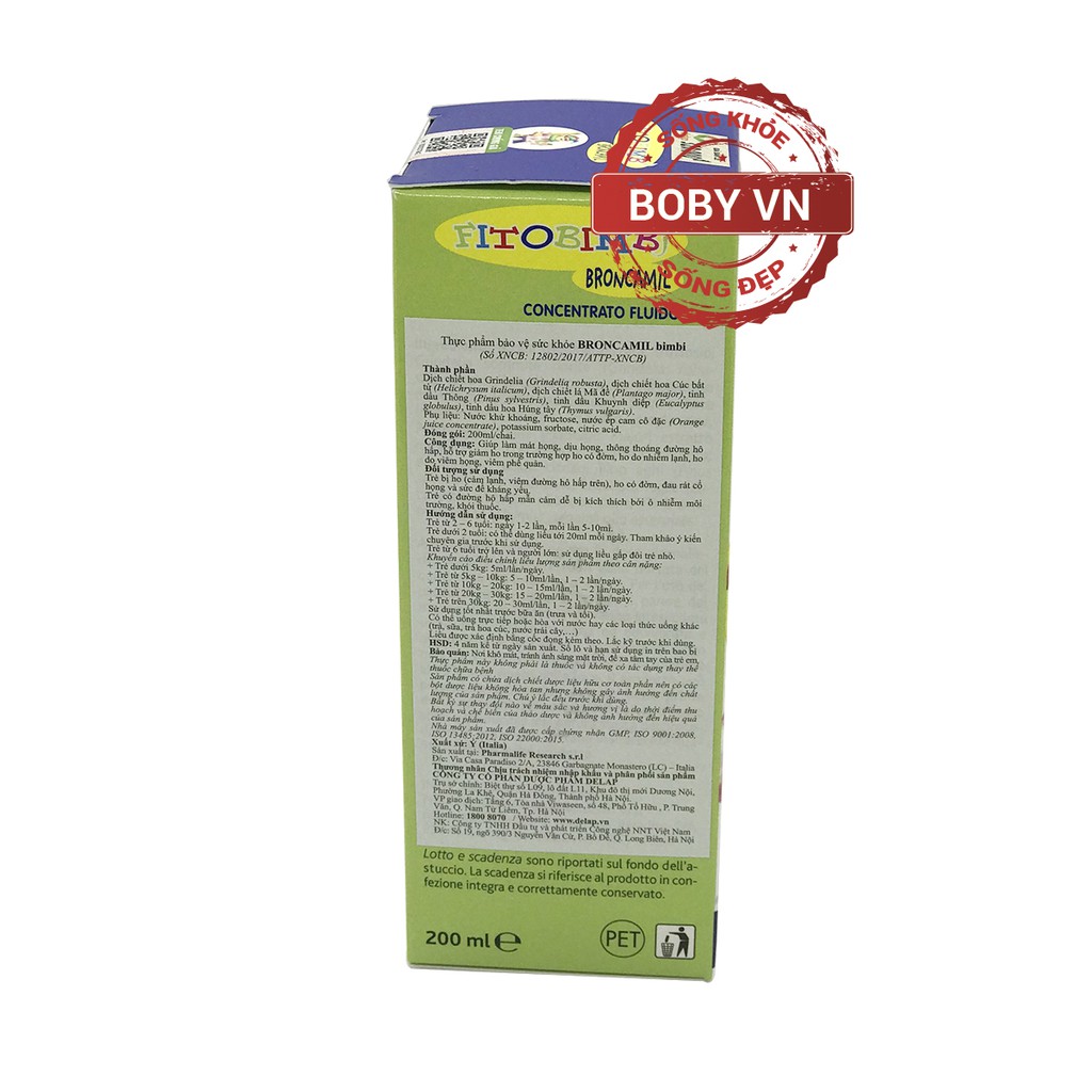 Fitobimbi Broncamil hỗ trợ giảm ho cho bé - Lọ 200ml - Boby