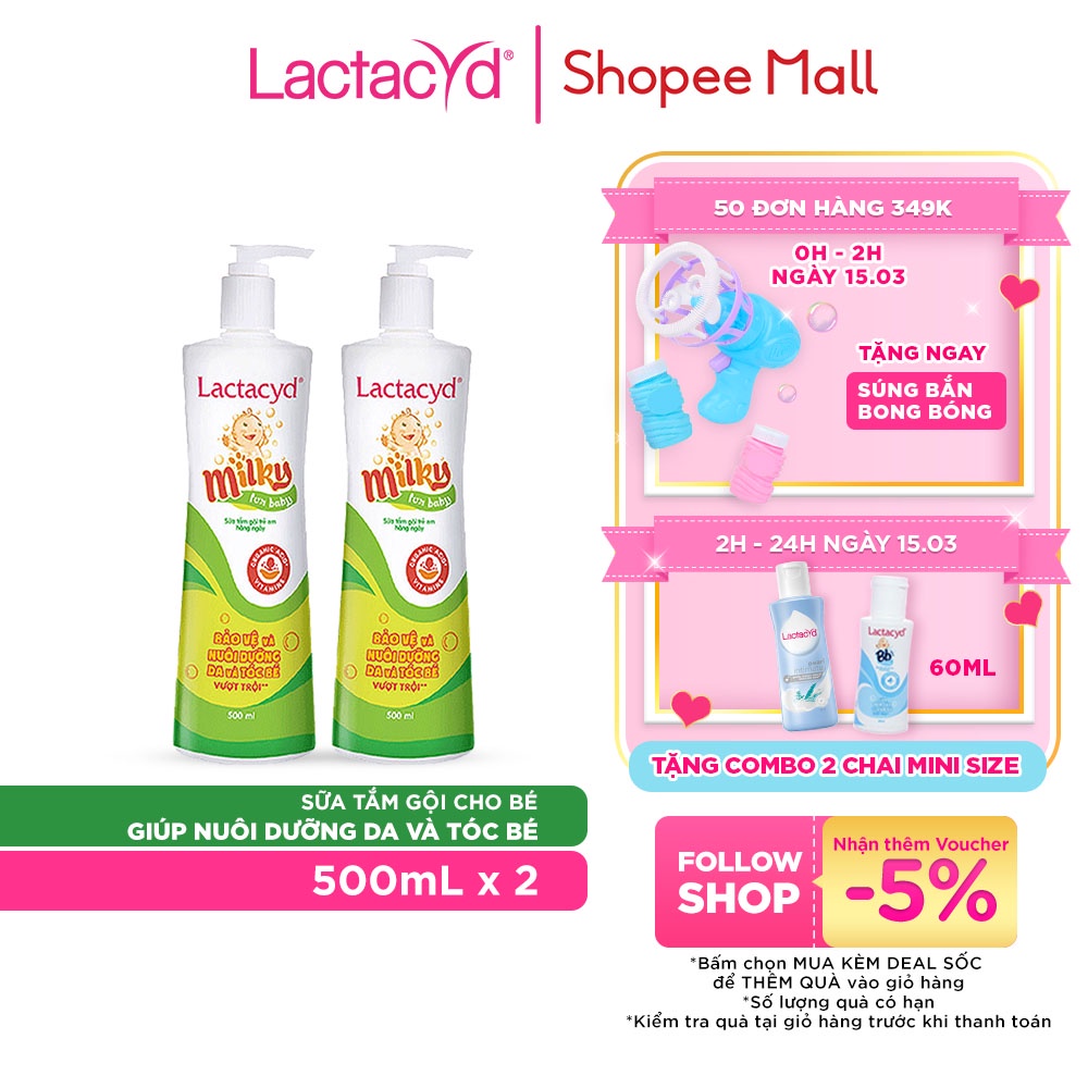 Bộ 2 chai Sữa Tắm Gội Trẻ Em Lactacyd Milky Bảo Vệ, Nuôi Dưỡng Da và Tóc Bé 500ml/chai