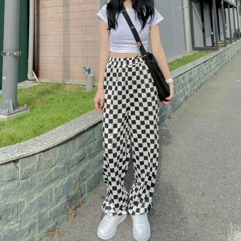 Quần Ống Suông Dây Rút Caro Unisex Ảnh Thật