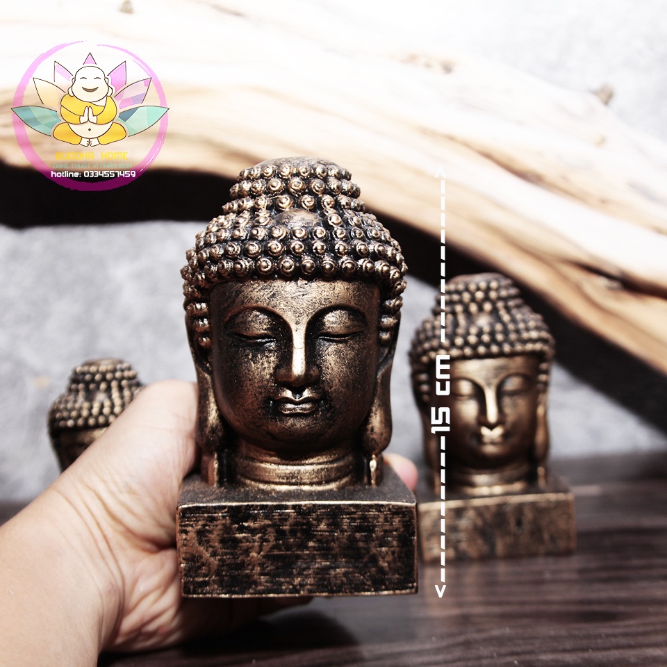 ☘️Tượng đầu Phật Thích Ca Mâu Ni trang trí màu vàng đồng size nhỏ 10cm- trung 12.5cm- lớn 15cm