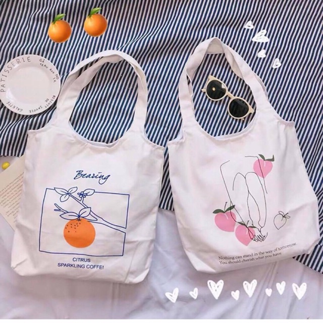 Túi Tote Vải Bố Đựng Đồ Canvas Đeo Chéo Hàn Quốc Hình Cam Đào