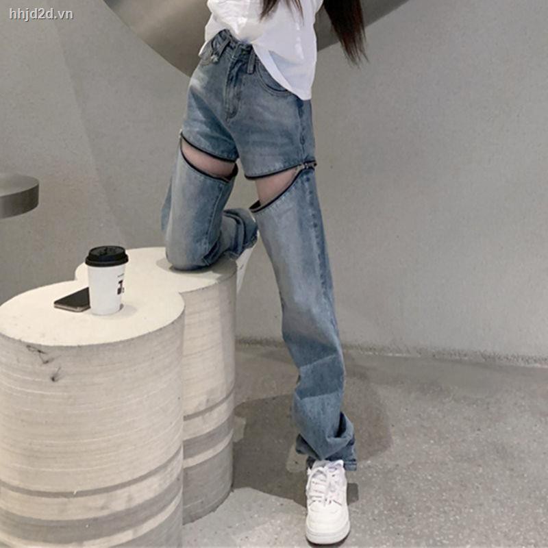 Quần jeans lưng cao dáng rộng thiết kế cắt xẻ và khóa kéo thời trang mùa hè năng động