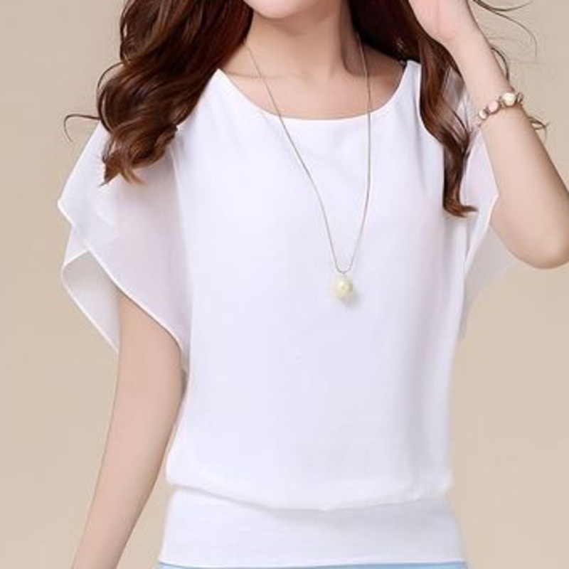 Áo voan RENJIANVSHENG 153241 cổ tròn tay cánh dơi ngắn phối bèo màu trơn thời trang cho nữ
