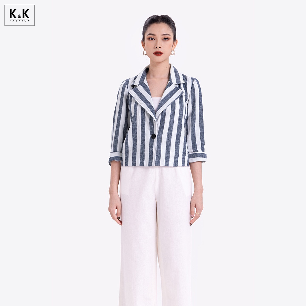 Áo Blazer Tay Lửng K&amp;K Fashion AK10-14 Họa Tiết Kẻ Sọc Chất Liệu Linen