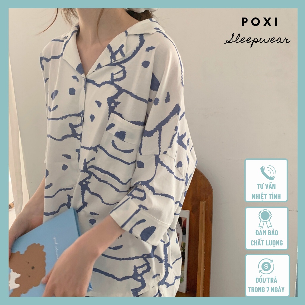 Bộ đồ ngủ đùi nữ ngắn tay hình gấu phong cách Hàn Quốc dễ thương