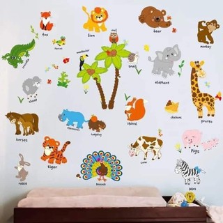 Decal dán tường hình vườn thú kèm tiếng anh cho bé)