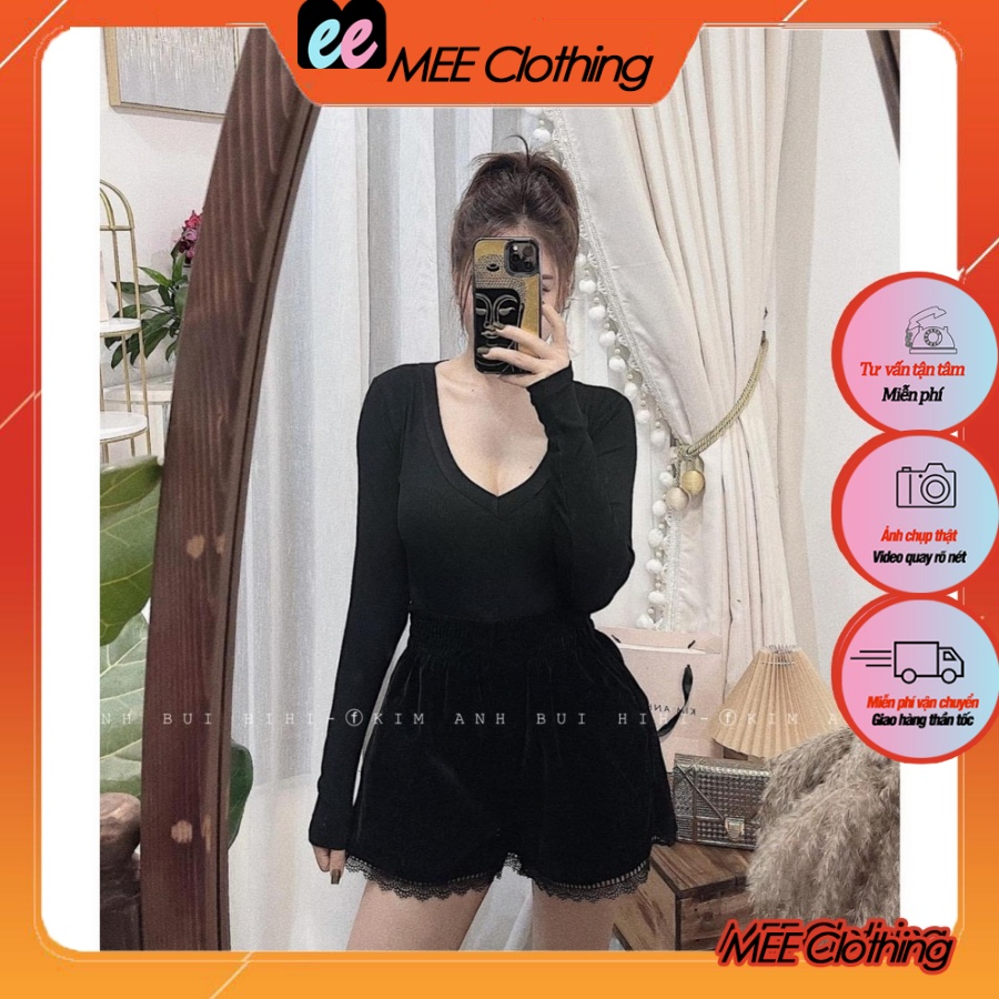 Áo thun body dài tay cổ tim Áo thun nữ khoét cổ sexy