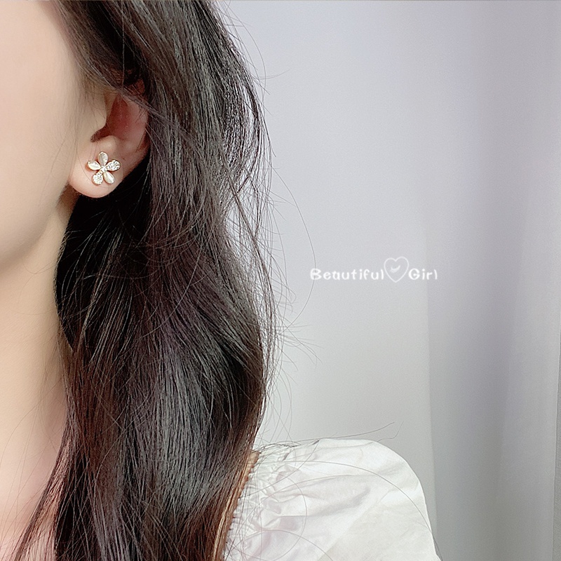 Bông tai mạ bạc 925 hình cánh hoa đính đá đơn giản thời trang phong cách Hàn Quốc