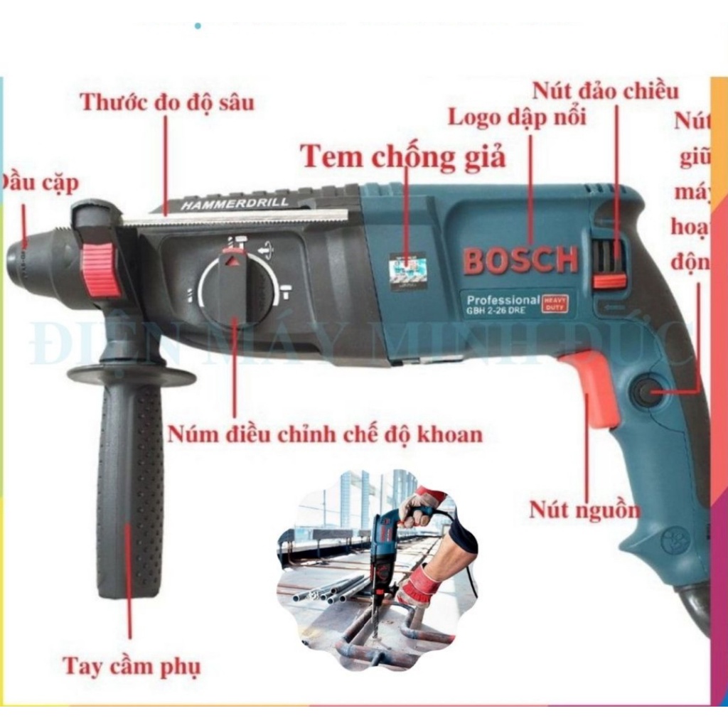 Máy Khoan Bê Tông Đục Tường BOSCH 2-26 Bằng Điện Cầm Tay Mini Dùng Khoan Được Sắt Bắt Vít, Hàng Chính Hãng