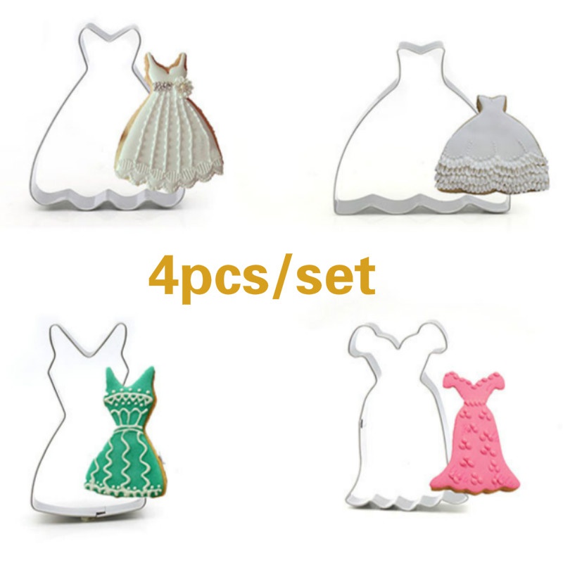 Bộ 4 cái khuôn cắt bánh quy trang trí bánh kem hình đầm cưới bằng thép không gỉ