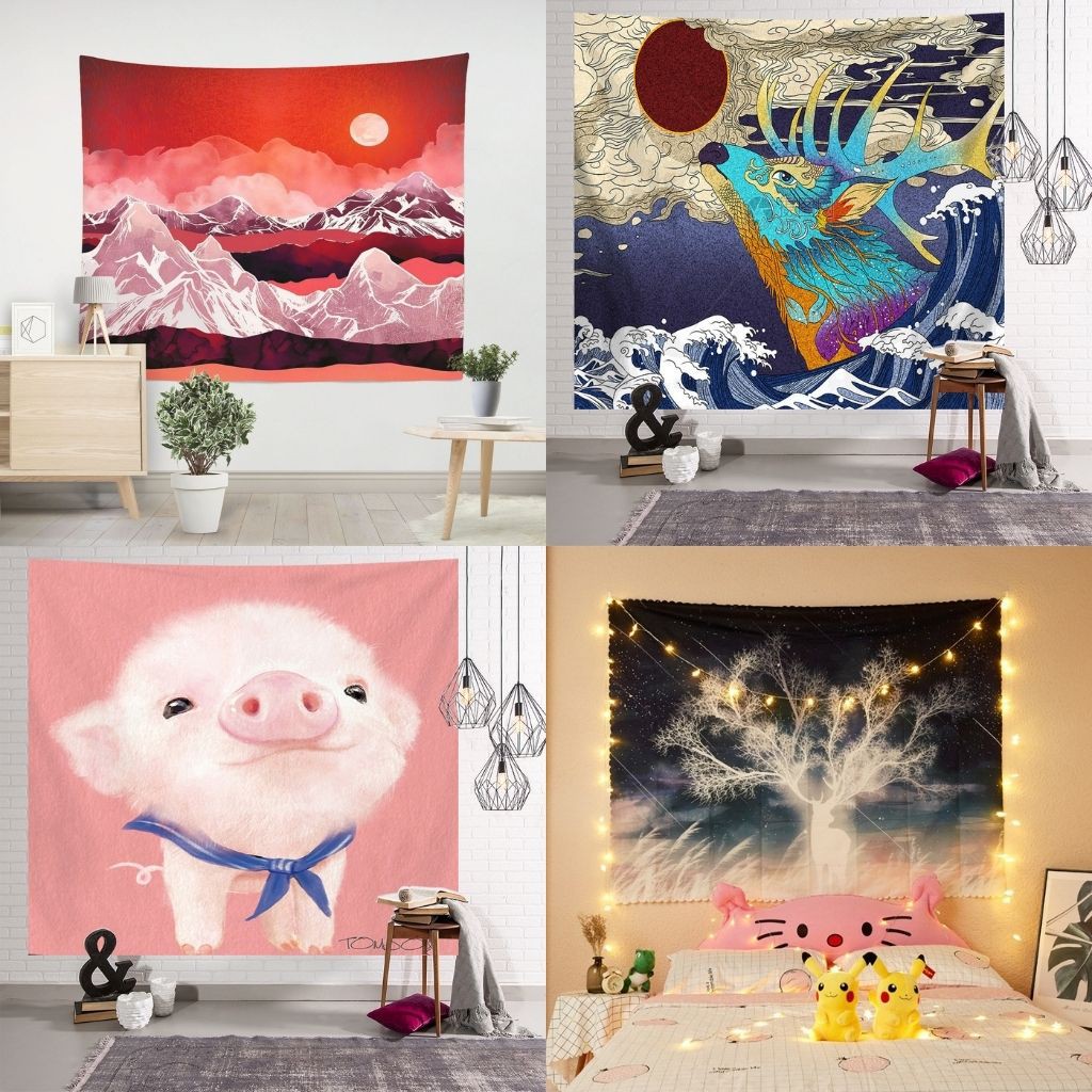[Freeship] Thảm treo tường trang trí phòng ngủ ❤️ decor phòng đẹp (kích thước 150x130cm, 95x73cm tặng móc treo)