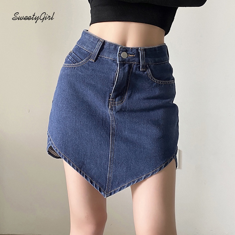 Chân váy jean Lưng Cao Màu Trơn Phối Khóa Kéo Thời Trang Đường Phố Cho Nữ