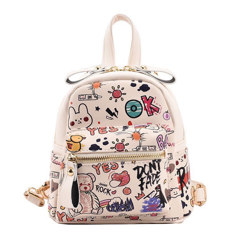 Ba lô mini nữ Linhstore  chất liệu da PU in họa tiết hoạt hình xinh xắn