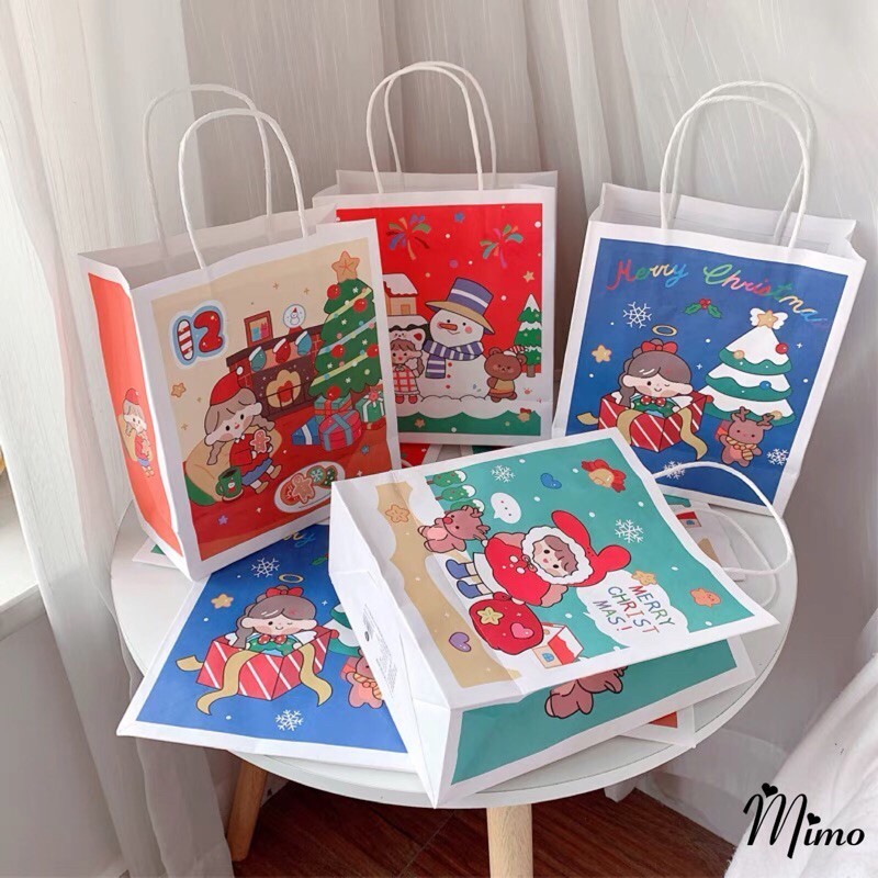 [MẪU MỚI] Túi đựng quà giấy in hình họa tiết Merry Christmas  4 màu lựa chọn họa tiết cô gái, người tuyết...