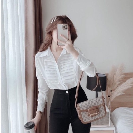 Áo sơ mi trắng nữ dài tay phối sọc ngang kiểu tiểu thư hàn công sở đẹp Áo sơ mi kiểu đi học sinh cổ bẻ đuôi tôm form vừa