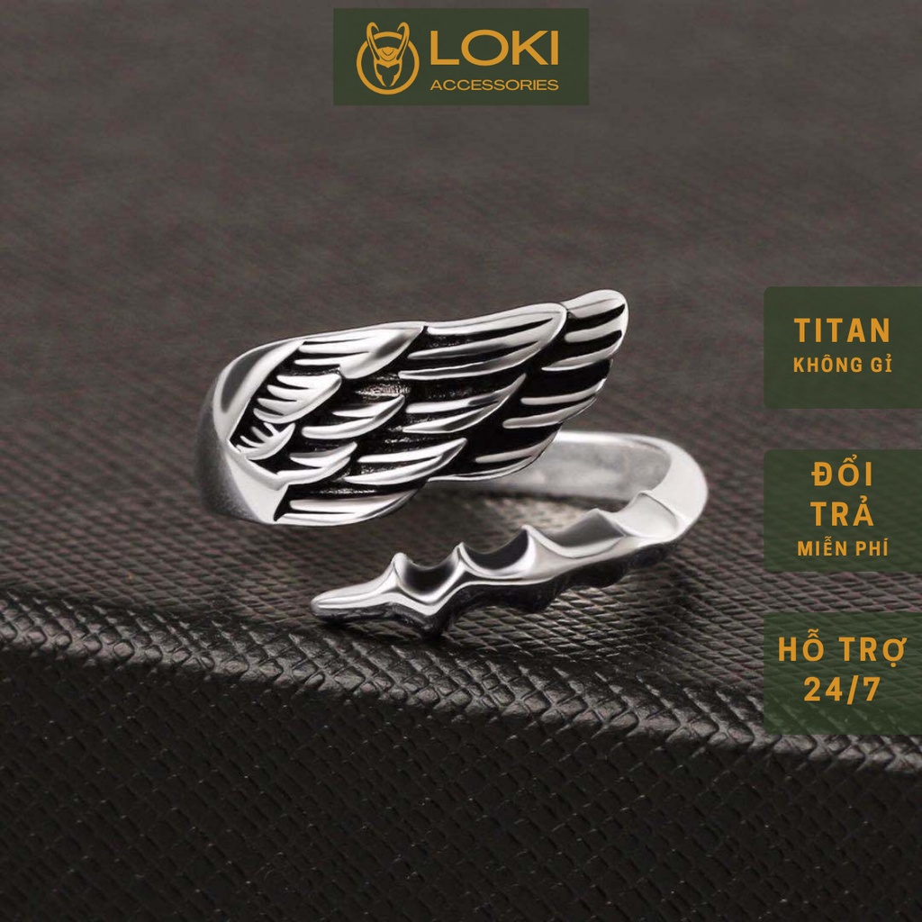 Nhẫn Nam Angel Phong Cách Cá Tính Loki Accessories Màu Bạc Đẹp Cao Cấp - Nhân Nam Họa tiết Cánh Titan - Nhẫn Angel