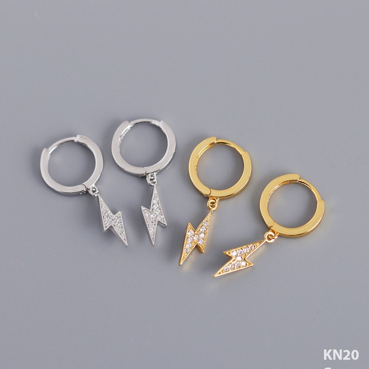 Khuyên tai tròn nam nữ bạc mạ vàng hình tia chớp đính đá cá tính, unisex| HARMONY ACCESSORIES KN20