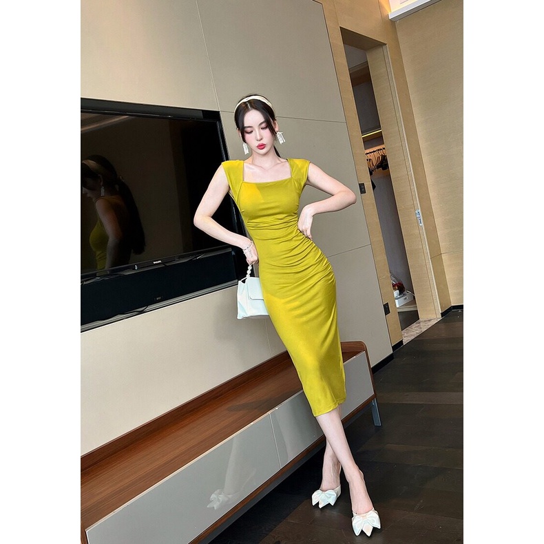 ZYHT Đầm Dự Tiệc Vải cotton Không Tay Dáng Ôm Màu Vàng Đen Kiểu Hàn Quốc Xinh Xắn 5790