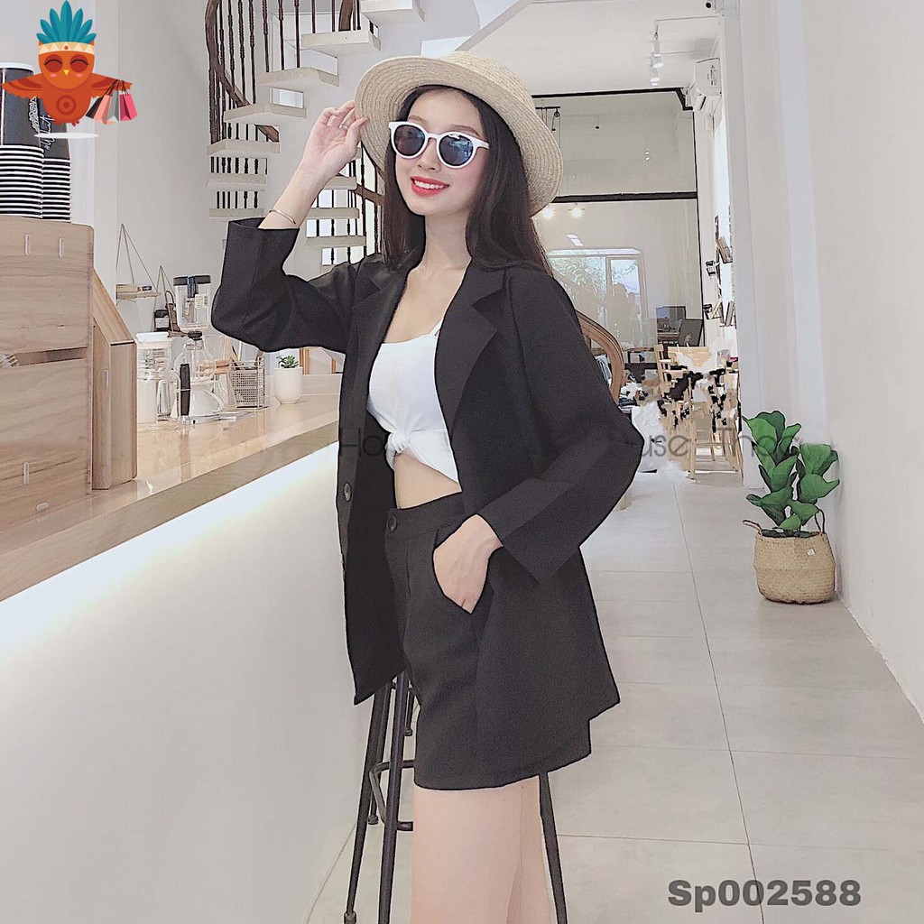 Set vest phối quần short lưng thun đen THOCA HOUSE 2 túi mổ vải dày đi làm, đi học freesize dưới 56kg | BigBuy360 - bigbuy360.vn