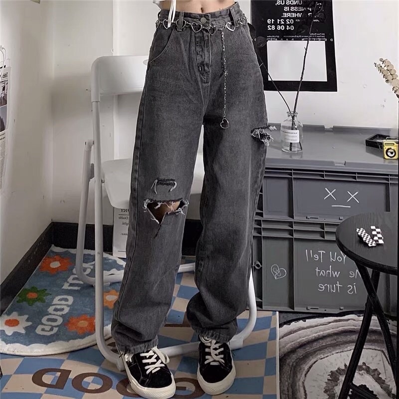 Quần jeans lưng cao 2 gang tay rách gối hot trend 2021