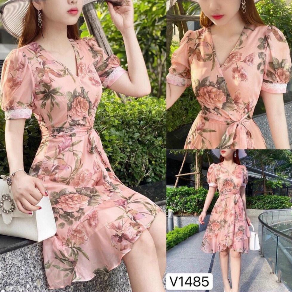 Váy Nữ Lụa Hoa Tay Ngắn Cổ V Đầm Nữ Dự Tiệc Công Chúa Lụa Hoa Tay Ngắn Cổ V Eo Kết Nơ Phù Hợp Đi Tới Sự Kiện, Tiệc ,Đi C