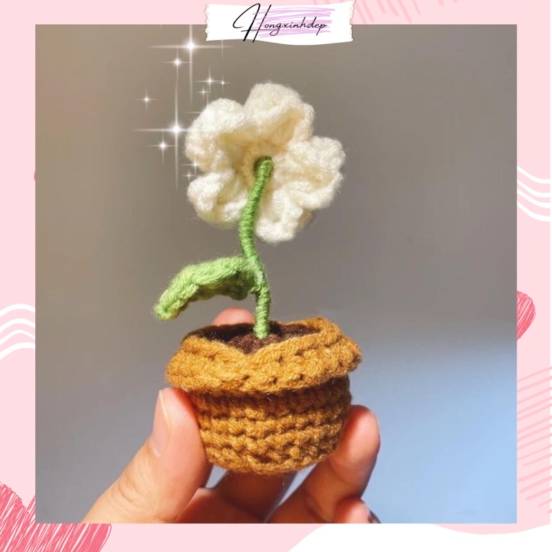 Chậu hoa mini 5 cánh bằng len trang trí bàn học, decor phòng ngủ
