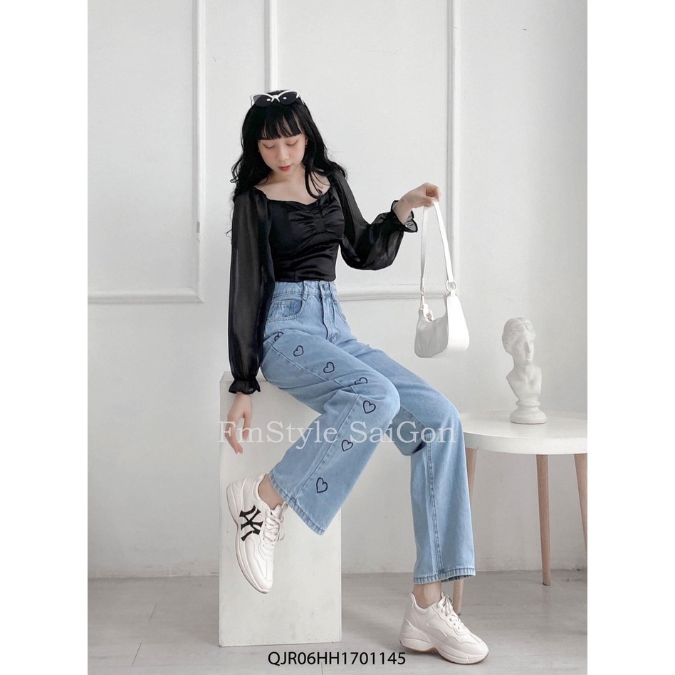 Quần jean nữ FLAKY SHOP cao cấp - Quần jean ống rộng phối hình thêu trái tim bắt mắt hàng chuẩn shop | BigBuy360 - bigbuy360.vn