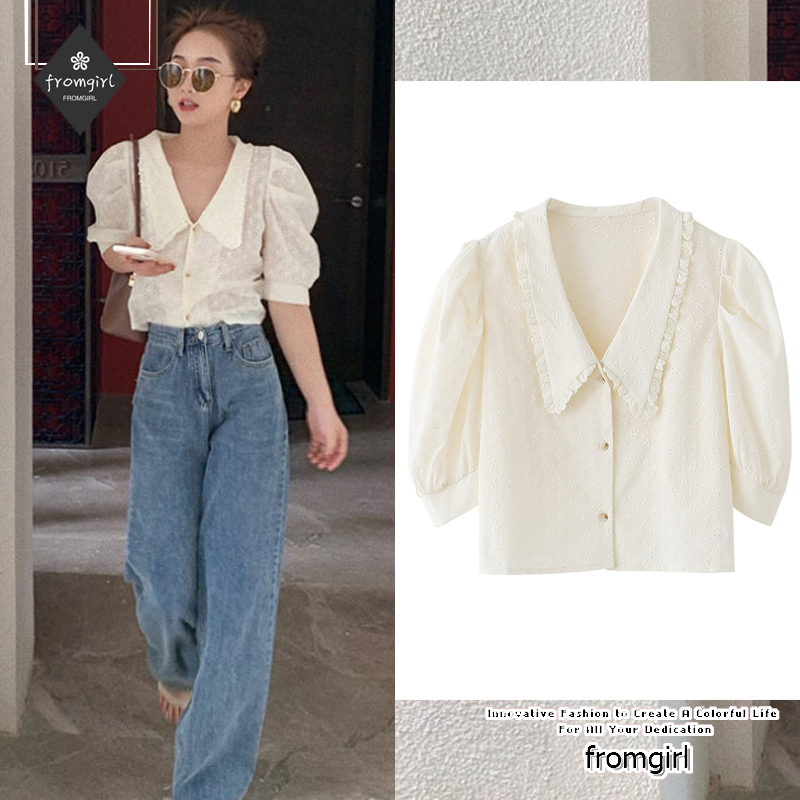 Áo Sơ Mi Ngắn Tay Cổ Chữ V Phối Ren Xinh Xắn Dành Cho Nữ