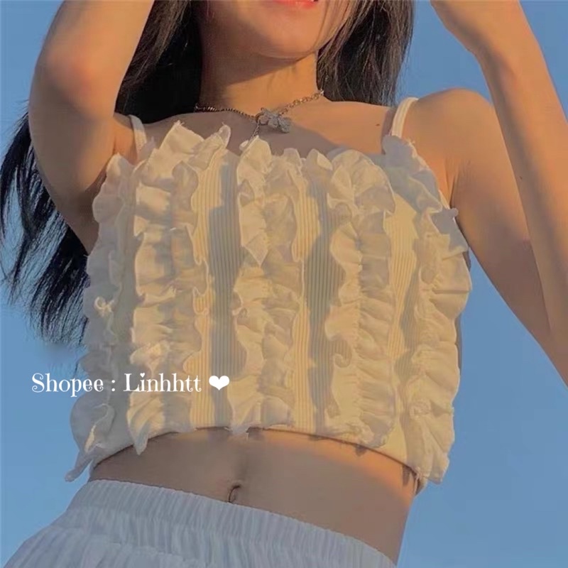 | Loại 1| Áo 2 dây gân ôm body croptop phối bèo áo dây dáng ngắn co dãn basic