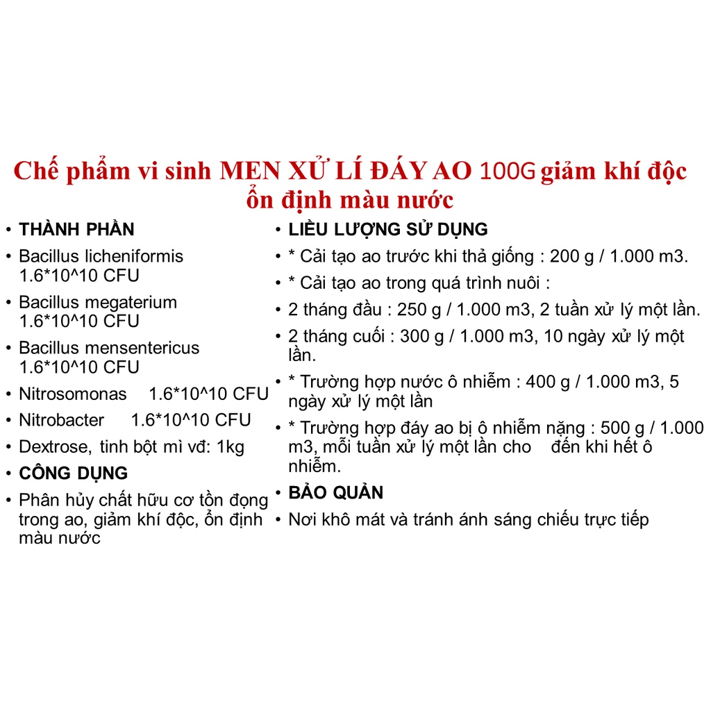Chế phẩm vi sinh MEN XỬ LÍ ĐÁY AO 100Gram giảm khí độc ổn định màu nước