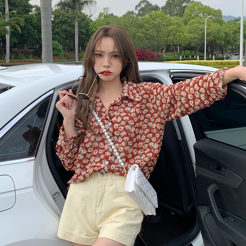 SUXI Áo Sơ Mi Hoa Tay Dài Dáng Rộng Thiết Kế Mới Thời Trang Mùa Thu Theo Phong Cách Pháp Cho Nữ