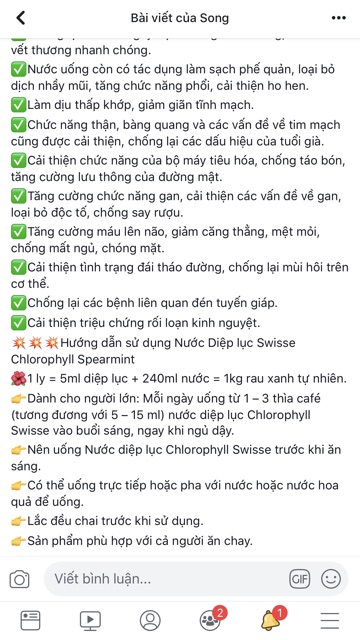 Nước diệp lục Swisse chlorophyll dâu hàng chính hãng