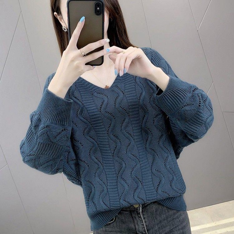 Plus Áo Sweater Dệt Kim Tay Dài Dáng Rộng Cổ Chữ V Thời Trang Cho Nữ