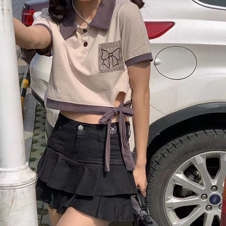 Áo polo Tay Ngắn Thêu Họa Tiết Khối Màu Sắc Mới Cho Nữ