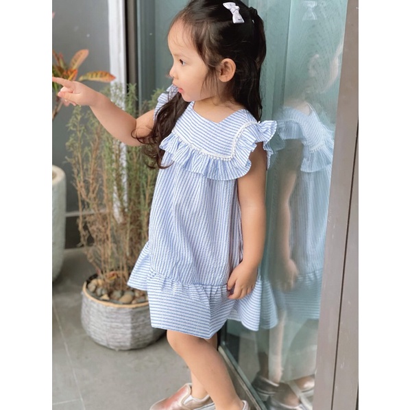 Váy Lennco xốp kẻ xanh da trời cho bé gái