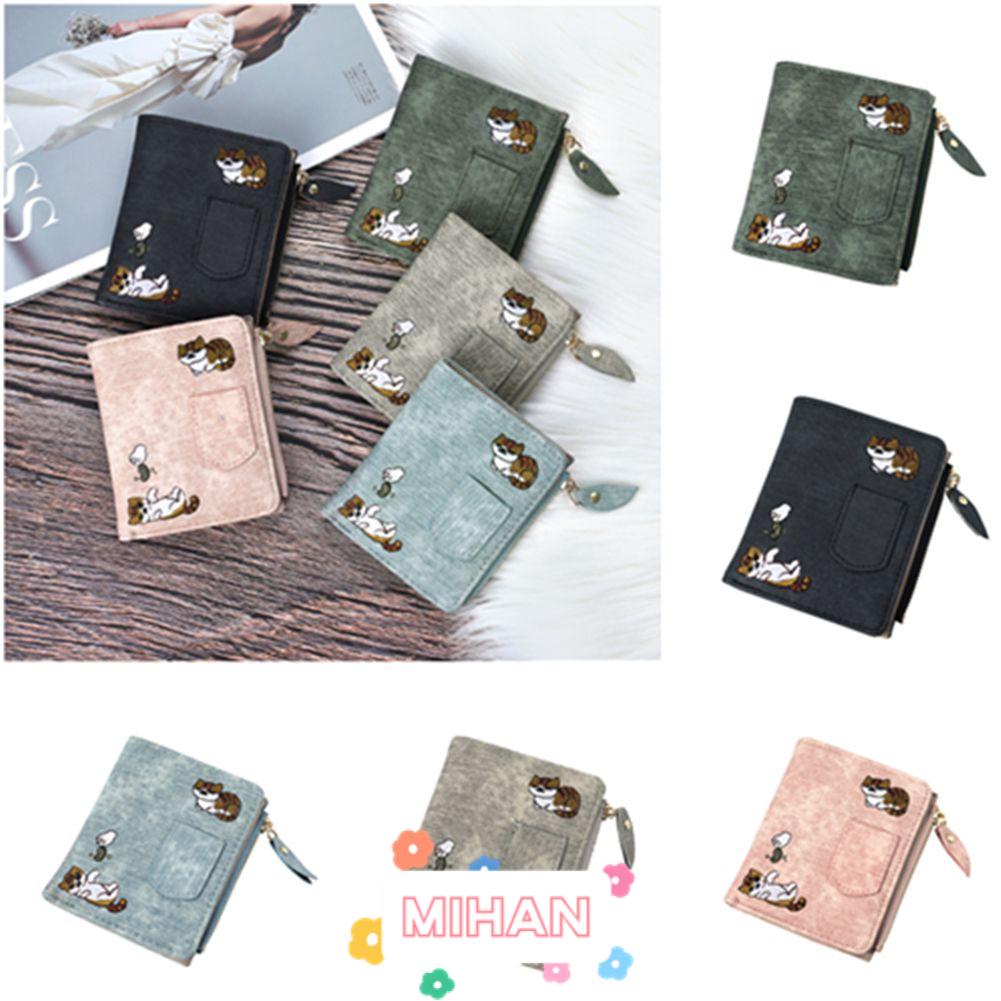 Ví Da PU Ngắn Đựng Thẻ Có Khóa Kéo Thêu Hình Mèo Dễ Thương MIHAN1 Giá Đỡ