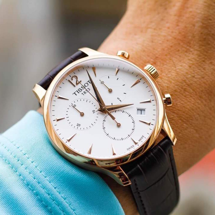 Đồng hồ Nam Tissot 1853 Tradition T063.617.36.037.00 Chronograph Mặt trắng,Lịch ngày-Máy Quartz-Dây da-Size 42mm