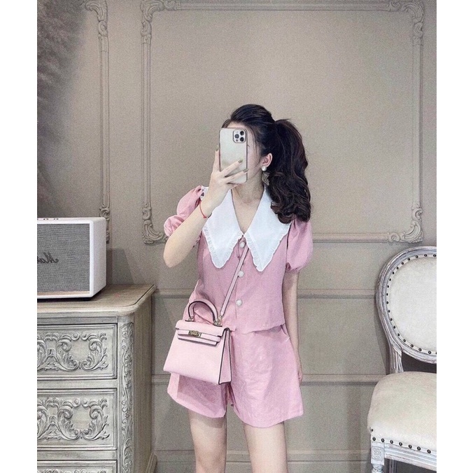 SET SHORT ĐŨI ÁO CỔ TRẮNG VIỀN GỌN NHẸ, MÁT MẺ