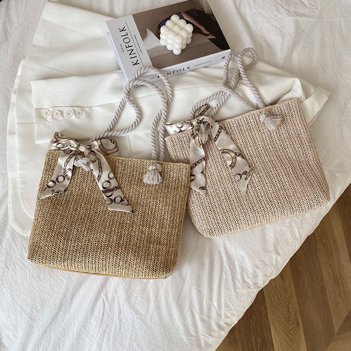 Túi Vuông Cói Lớn Quai Đeo Thừng Phối Dây Vải Xinh