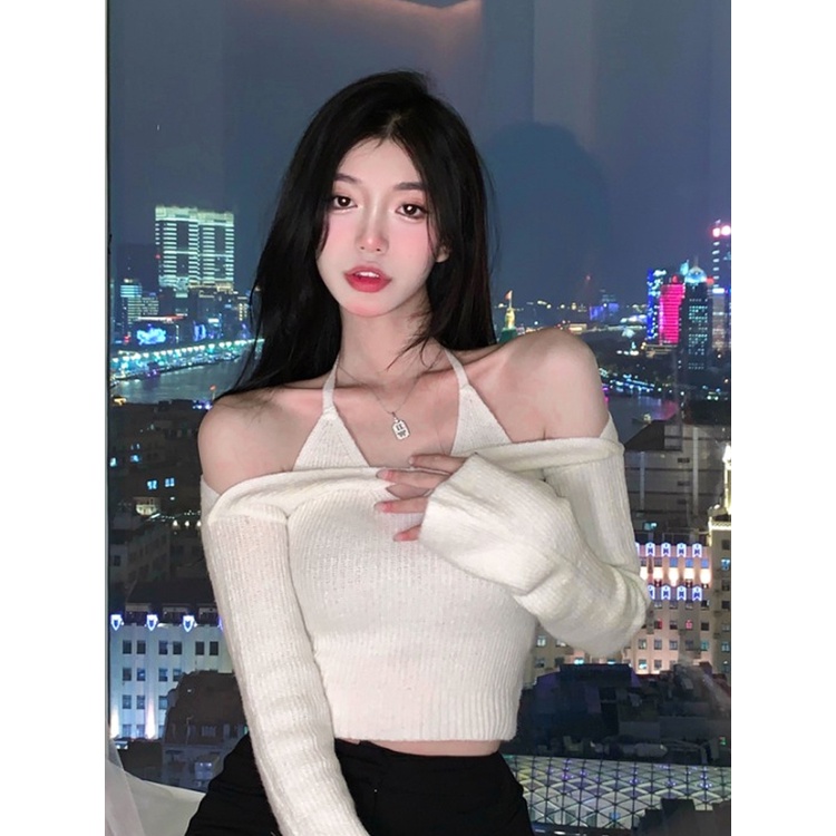 Set áo dệt kim 2 mảnh ZHELIHANGFEI cổ ngang hở vai eo cao gợi cảm