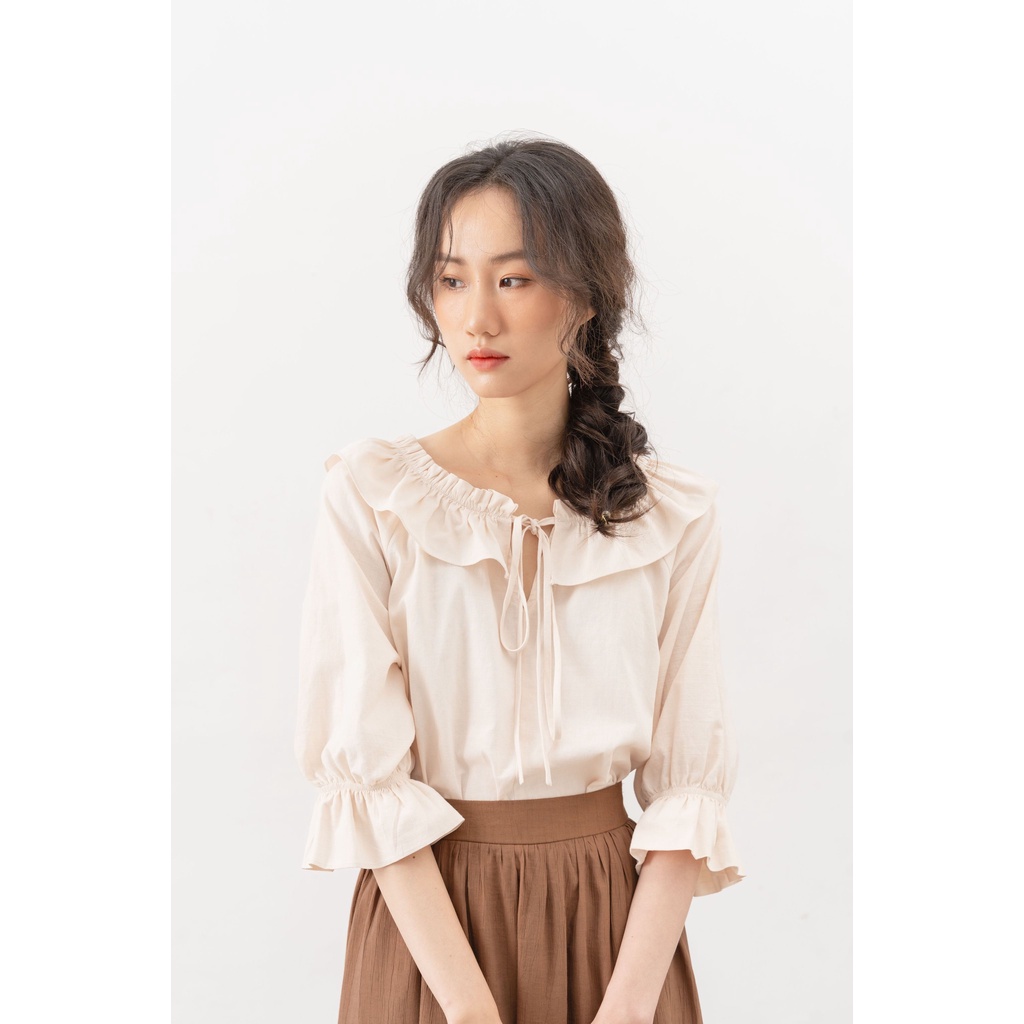 Áo sơ mi cổ nhún nơ buộc be và Chân váy đũi vintage nâu MADELEN