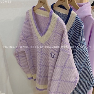[L0026]💜 Áo len thêu trái tim cổ V viền màu form rộng Hàn Quốc (Có sẵn/ảnh thật)
