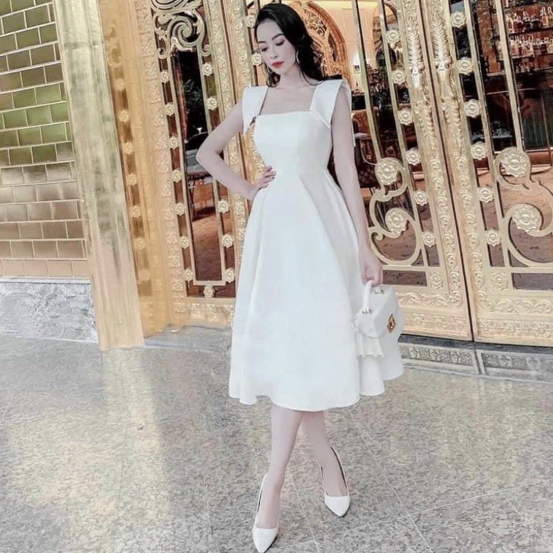 Đầm váy trắng cổ đắp vai (kèm hình thật)