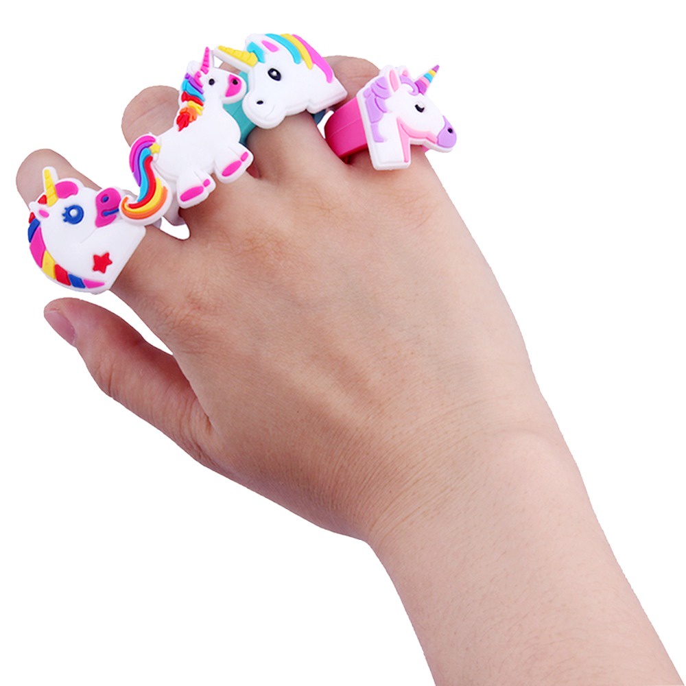 Set 10 nhẫn đeo tay hình kỳ lân bằng silicon PVC nhiều màu dễ thương cho bé